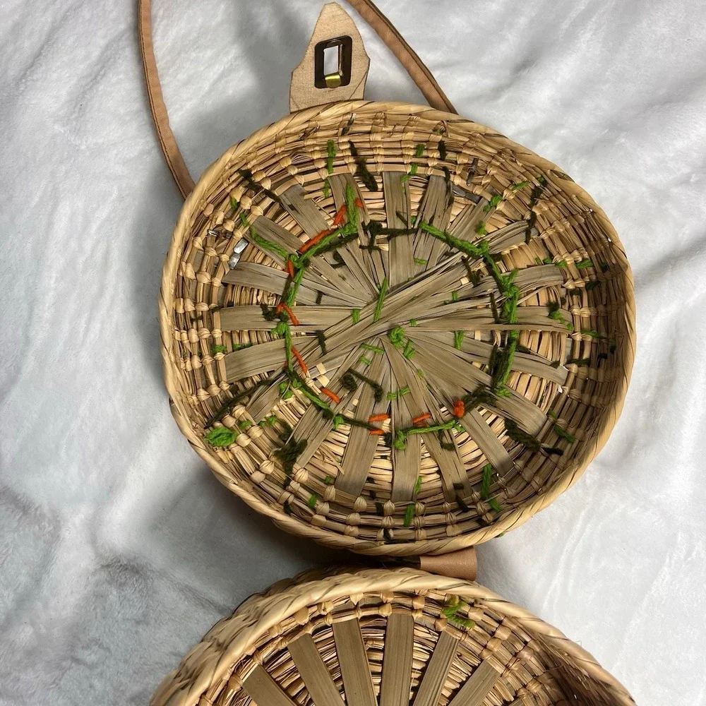Vintage 1960s Round Straw Purse Floral Raffia Handbag Resort Cruise Bag